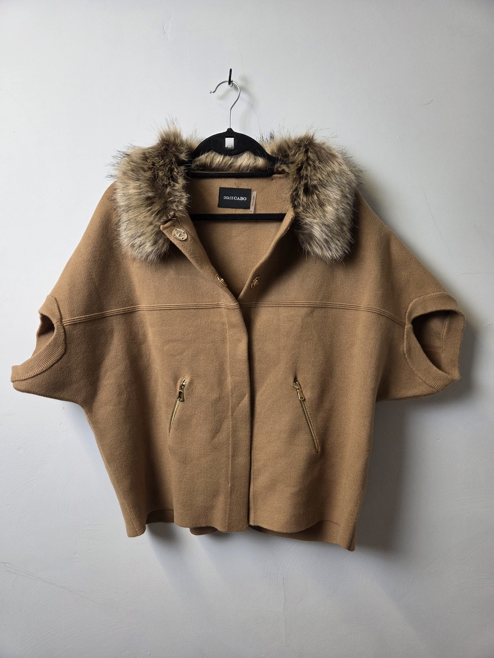 Dolce Cabo Camel Fur-Trim Capelet Sweater Jacket